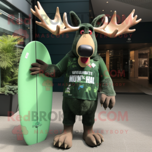 Forest Green Moose mascot costume character dressed with a Board Shorts and Mittens