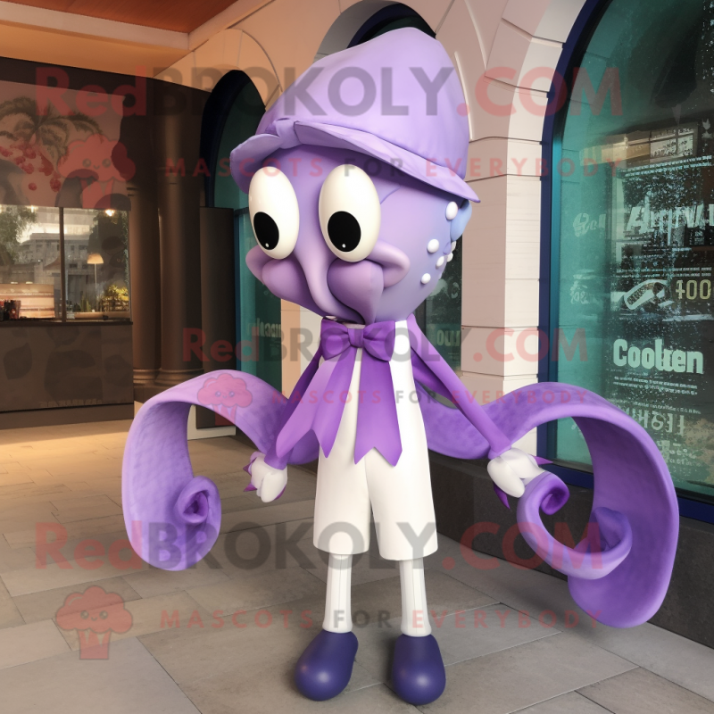 Lavender Squid mascot costume character dressed with a Long Sleeve Tee and Bow ties