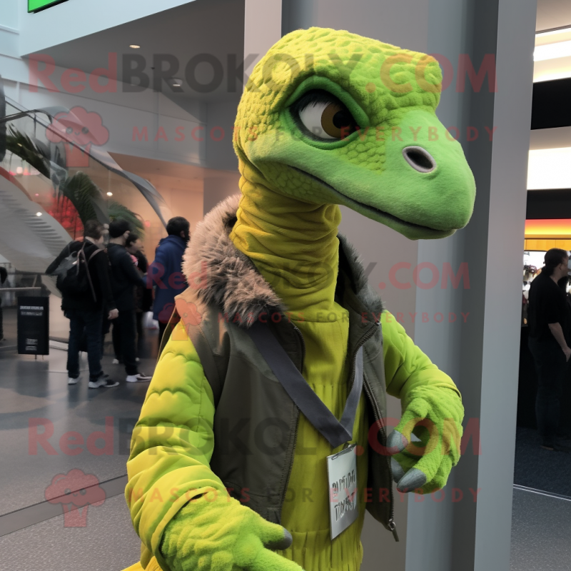 Lime Green Velociraptor mascot costume character dressed with a Jacket and Scarf clips
