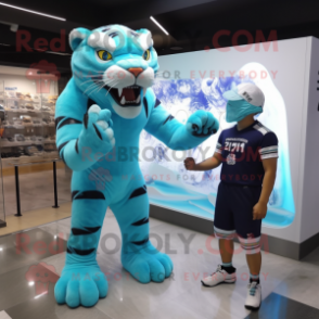 Cyan Saber-Toothed Tiger mascot costume character dressed with a Rash Guard and Watches