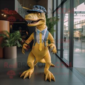 Beige Allosaurus mascot costume character dressed with a Chambray