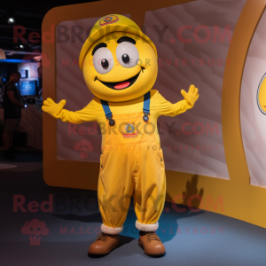 Yellow Plate Spinner mascot costume character dressed with a Dungarees and Suspenders