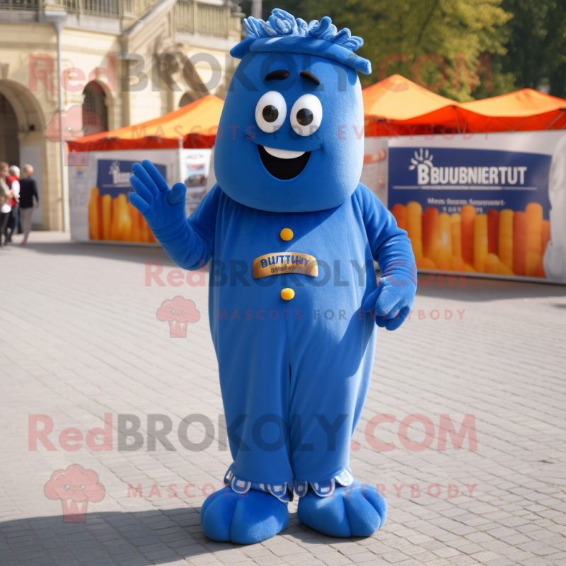 Blue Currywurst mascot costume character dressed with a Suit Pants and Necklaces