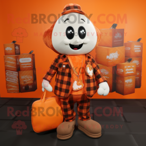Orange Chocolates mascot costume character dressed with a Flannel Shirt and Tote bags