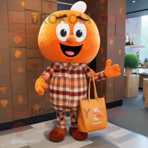 Orange Chocolates mascot costume character dressed with a Flannel Shirt and Tote bags