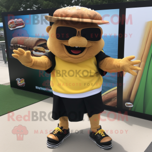 Gold Pulled Pork Sandwich mascot costume character dressed with Board Shorts and Berets