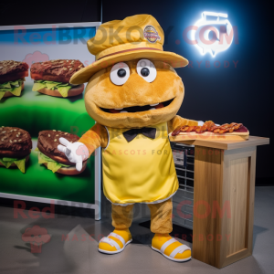 Gold Pulled Pork Sandwich mascot costume character dressed with Board Shorts and Berets