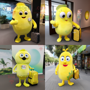Lemon Yellow Kiwi mascot costume character dressed with Bodysuit and Messenger bags