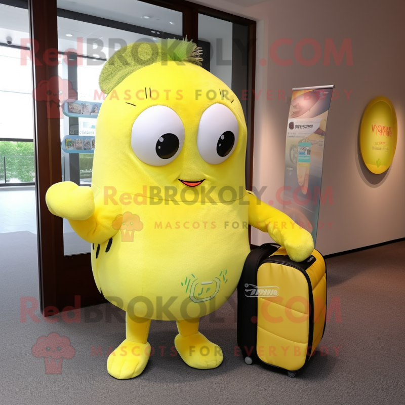 Lemon Yellow Kiwi mascot costume character dressed with Bodysuit and Messenger bags