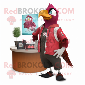 Maroon Woodpecker mascot costume character dressed with Windbreaker and Brooches