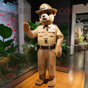 Tan police officer mascot costume character dressed with Raincoat and Suspenders