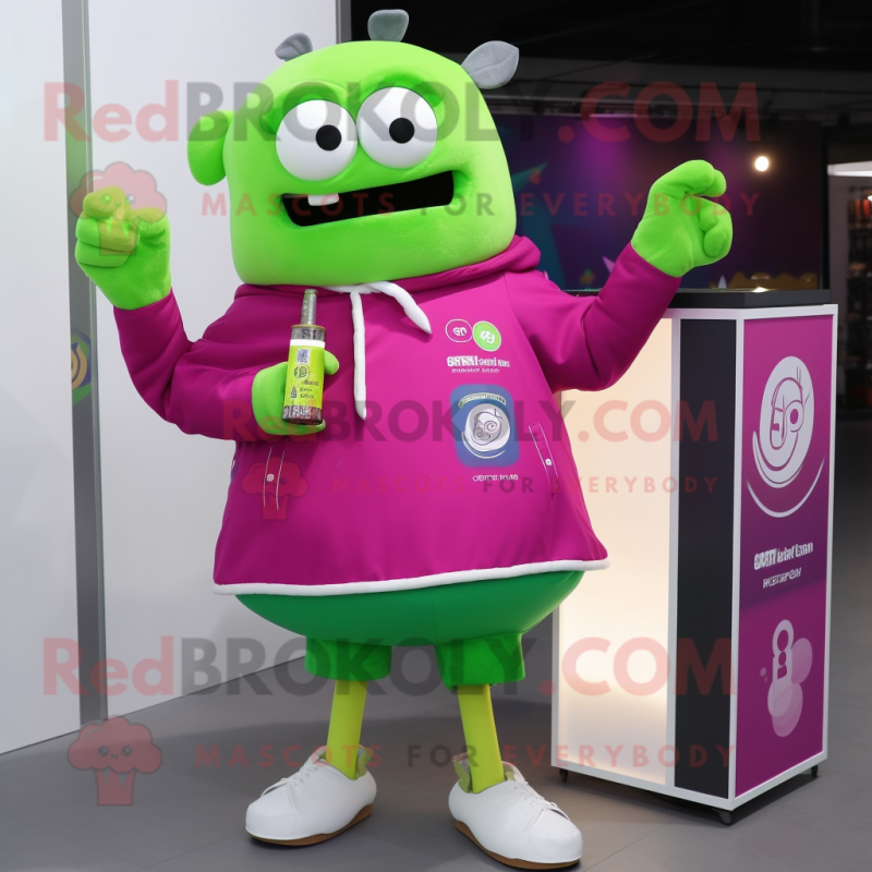 Magenta green beer mascot costume character dressed with Jacket and Anklets