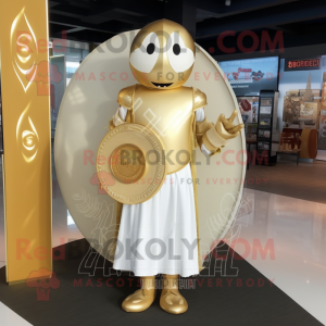 Gold Celtic shield mascot costume character dressed with Wedding Dress and Clutch bags