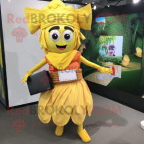 Yellow Pad Thai mascot costume character dressed with Skirt and Wallets