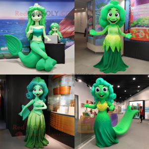 Green mermaid mascot costume character dressed with Empire Waist Dress and Messenger bags