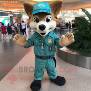 Teal Dingo mascot costume character dressed with Cargo Pants and Caps