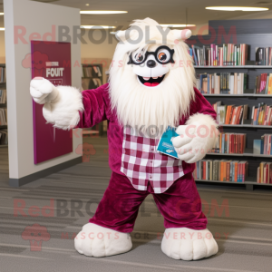 Magenta Yeti mascot costume character dressed with Flannel Shirt and Reading glasses