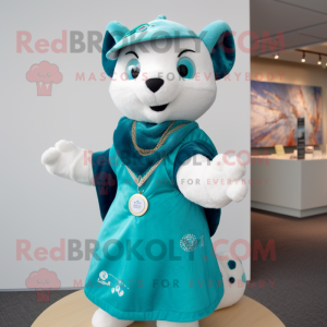 Teal Ermine mascot costume character dressed with Coat and Bracelets