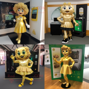Gold Irish dancing shoes mascot costume character dressed with Midi Dress and Briefcases