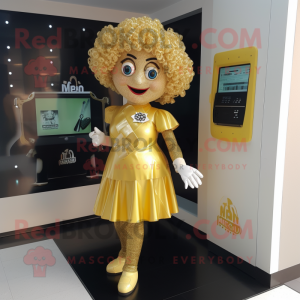 Gold Irish dancing shoes mascot costume character dressed with Midi Dress and Briefcases