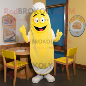 Lemon Yellow Clam Chowder mascot costume character dressed with Henley Shirt and Mittens