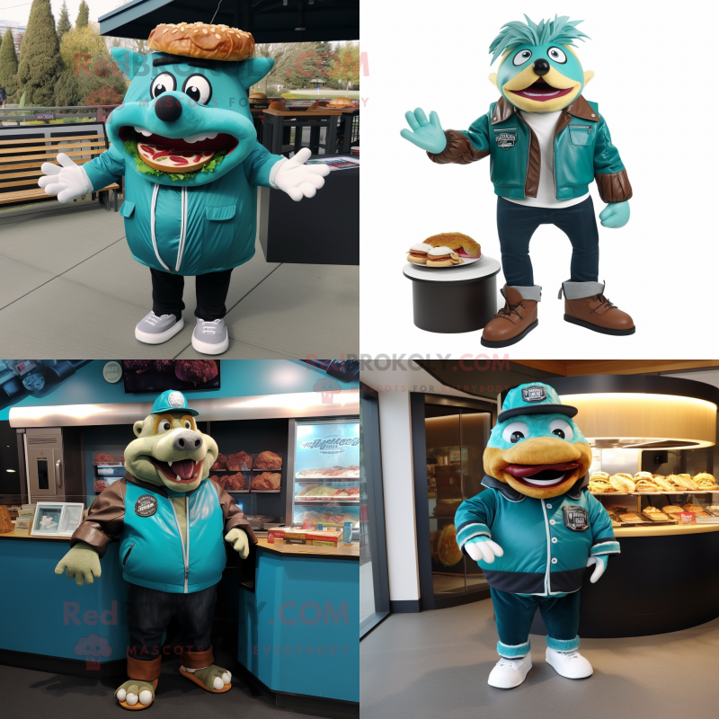 Teal Pulled Pork Sandwich mascot costume character dressed with Leather Jacket and Shoe clips