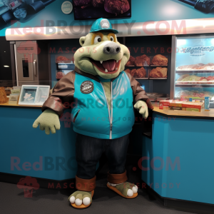 Teal Pulled Pork Sandwich mascot costume character dressed with Leather Jacket and Shoe clips