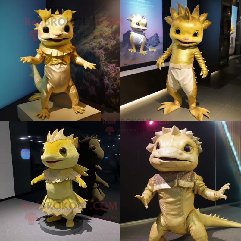 Gold Axolotls mascot costume character dressed with Mini Dress and Belts