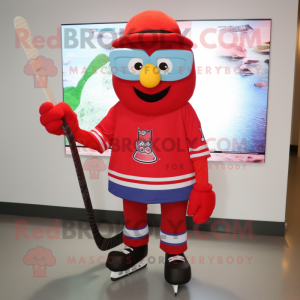 Red ice hockey stick mascot costume character dressed with Bermuda Shorts and Eyeglasses