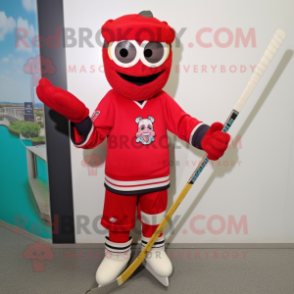 Red ice hockey stick mascot costume character dressed with Bermuda Shorts and Eyeglasses