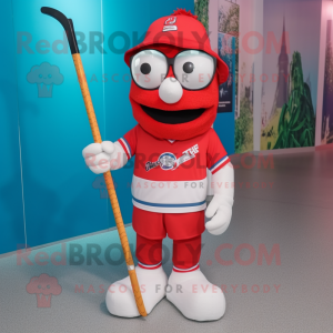 Red ice hockey stick mascot costume character dressed with Bermuda Shorts and Eyeglasses