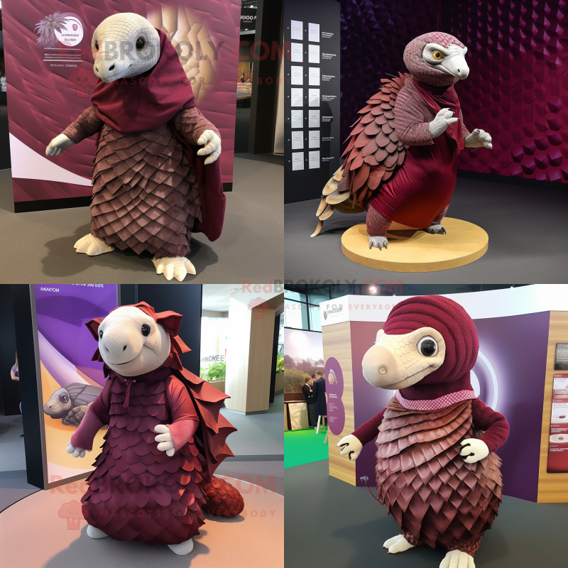 Maroon Pangolin Mascot Costume Character Dressed With Wrap Skirt And Wraps Mascot Costumes 6283