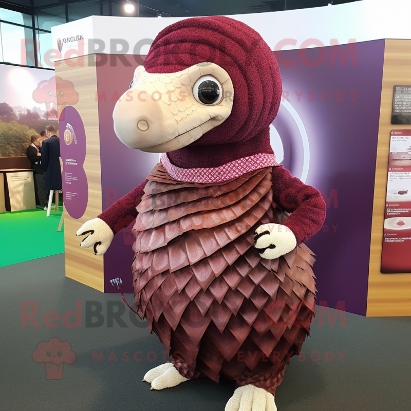 Maroon Pangolin Mascot Costume Character Dressed With Wrap Skirt And Wraps Mascot Costumes 1714