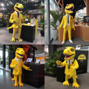 Yellow T Rex mascot costume character dressed with Suit Jacket and Keychains