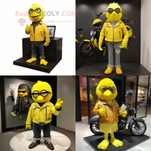 Lemon Yellow Canary mascot costume character dressed with Biker Jacket and Wallets