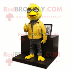 Lemon Yellow Canary mascot costume character dressed with Biker Jacket and Wallets