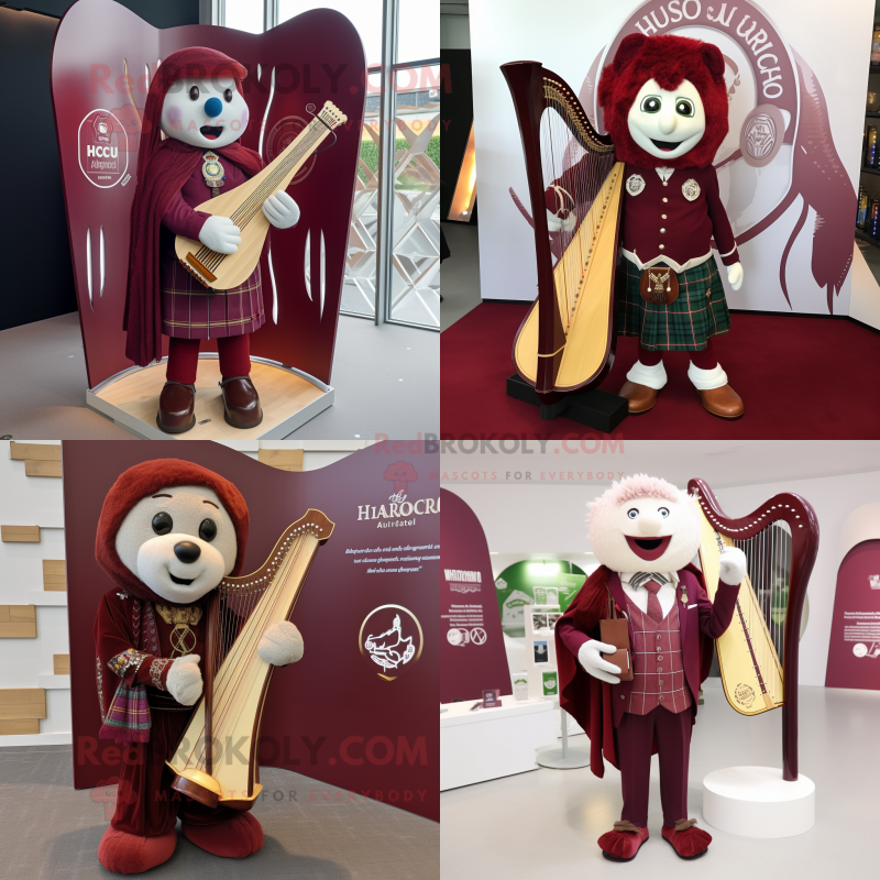 Maroon Celtic harp mascot costume character dressed with Suit Jacket and Brooches