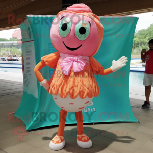 Peach mermaid mascot costume character dressed with Board Shorts and Scarf clips