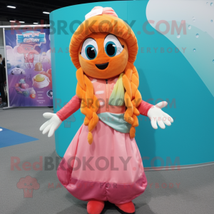 Peach mermaid mascot costume character dressed with Board Shorts and Scarf clips