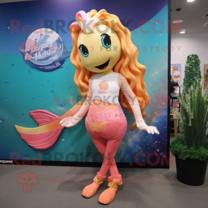 Peach mermaid mascot costume character dressed with Board Shorts and Scarf clips