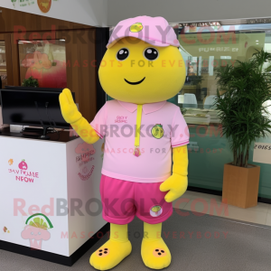 Pink Lemon mascot costume character dressed with Polo Shirt and Digital watches