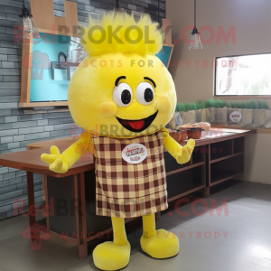 Lemon Yellow BBQ Ribs mascot costume character dressed with Flannel Shirt and Hair clips