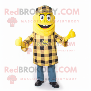 Lemon Yellow BBQ Ribs mascot costume character dressed with Flannel Shirt and Hair clips