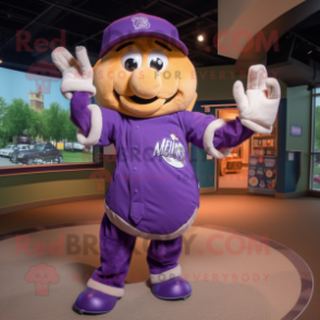 Purple Baseball glove mascot costume character dressed with Mini Dress and Caps