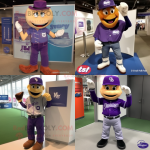 Purple Baseball glove mascot costume character dressed with Bootcut Jeans and Cufflinks