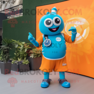 Cyan Orange mascot costume character dressed with T-Shirt and Smartwatches