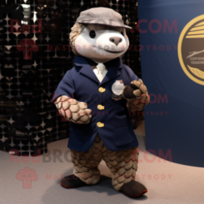 Navy Pangolin mascot costume character dressed with Coat and Pocket squares