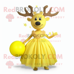 Lemon Yellow Elk mascot costume character dressed with Ball Gown and Tie pins