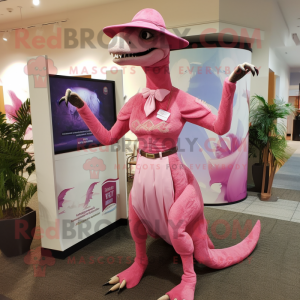 Pink Utahraptor mascot costume character dressed with Sheath Dress and Hat pins