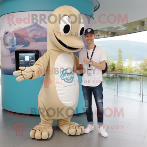 Beige loch ness monster mascot costume character dressed with Boyfriend Jeans and Smartwatches